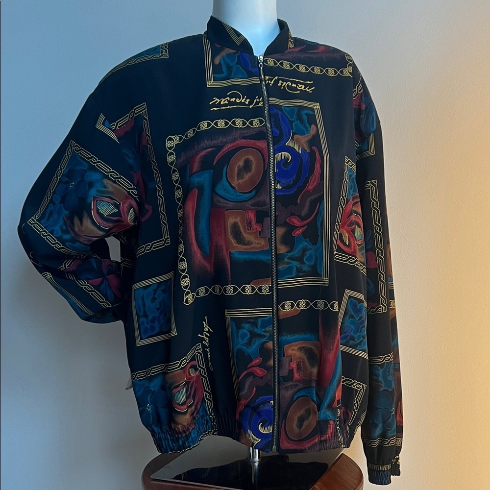 Vintage 80s bomber jacket silkie Blouse With metallic lettering made in USA
